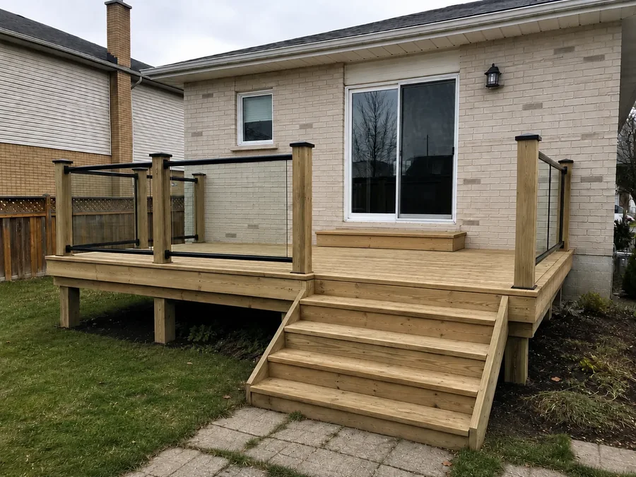 Completed pressure-treated deck with glass railings, wide stairs and a step beneath the back door in Barrie